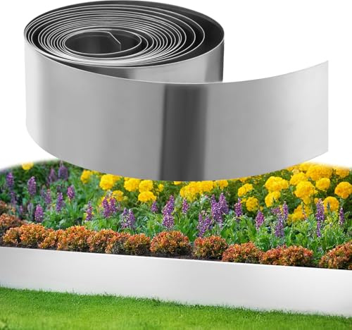 Victoam Bordo in metallo per aiuole, 10 m, 15 cm di altezza, bordo per prato in acciaio corten, facile da montare, robusto design Stay-in-Place per aiuole da giardino in palizzata, colore argento
