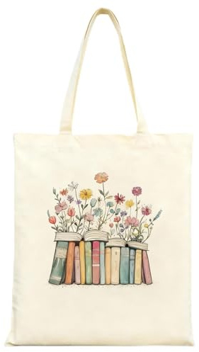 QIANSSE Canvas Book Tote Bag for Women, Cute Reusable Book