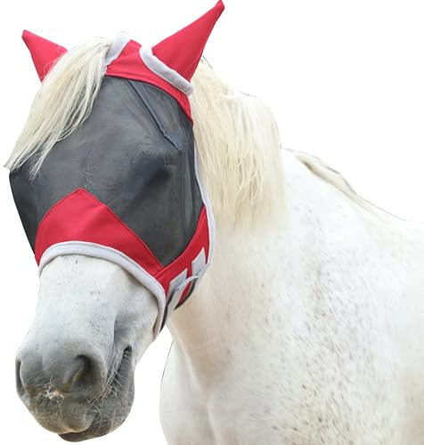 Gallopoff Masque Anti-Mouches Cheval avec Protection Oreilles, Rouge L | Protection Anti-UV, Maille Respirante, Large Espace pour Les Yeux, Trou pour Le Toupet, sans Frottement