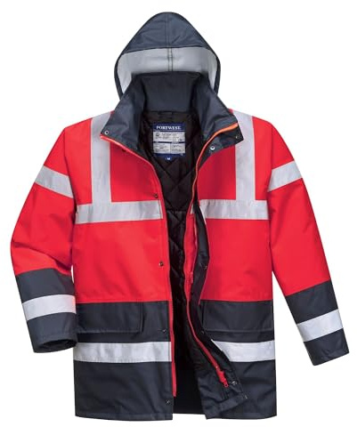 Portwest S466 Men's Waterproof Hi Vis Traffic Jacket - Reflective Safety Coat Red/Navy, XX-Large
