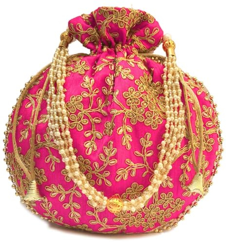 Eyesart Fashion Potli Bag for Women, Pearls Handle Gold Thread Royal Pink