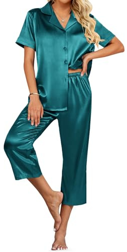 Ekouaer Womens Satin Pajamas Silk Capri Pjs 2 Piece Lounge Sets Short Sleeve Button Down Sleepwear Peacock Blue Medium