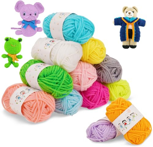 AUAUY 12 Farben Wolle zum Häkeln Stricken, DIY Acrylwolle Set Häkelgarn Baumwolle, 10g/Rollen Häkelgarn, Baumwollgarn für Anfänger Crochet Yarn für Häkeln Stricken und Handwerk