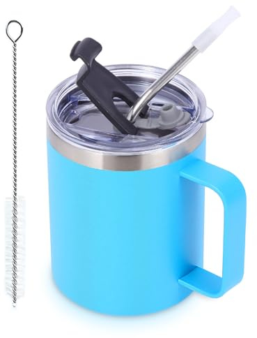 Volhoply Tazza da caffè isolata a tenuta stagna, con coperchio a ribalta e cannuccia, a doppia parete, in acciaio inox, con manico, riutilizzabile, per campeggio, mantiene freddo/caldo (blu, 1 set)