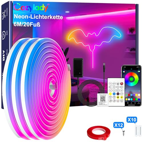 Cozylady RGB Neon Led strip Light, mit Fernbedienung, APP Steuerung, wasserdichte flexible Rgb Streifen, 24V LED Neon band für Schlafzimmer, Heiminnenausstattung Dekoration. (6M/20Fuß)