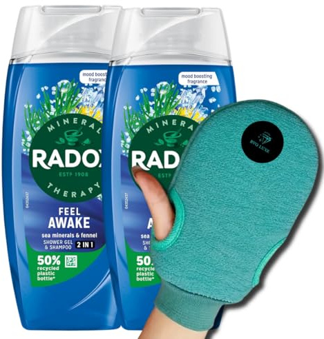 Radox Feel Awake Shower Care Bundle – 2x Mineral Therapy 2-in-1 Shower Gel with Sea Minerals & Fennel (225ml Each) + BVO Luxe Dual-Sided Exfoliating Glove for Men & Women