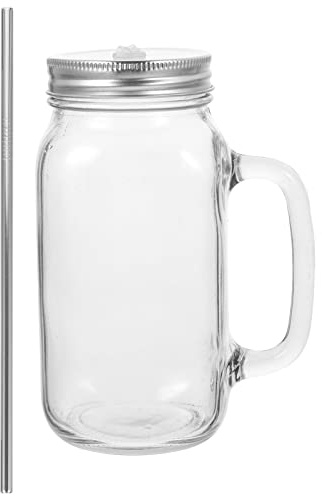 OFFSCH Vaso de Cristal con Pajita y Tapa de 750ml, Práctico y Multifunción, Hecho de Vidrio y Acero Inoxidable, Adecuado para Restauración y Restaurantes