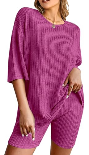 Syphiby Womens Pyjamas Set Ladies Ribbed 2 Pieces Loungewear Sets Tracksuit Full Set Short Sleeve Sleepwear Homewear Nightwear