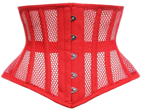 Dewans Corset Waist Training Steel Boned Womens Cincher Underbust Waspie Mesh Corset (UK, Alpha, XL, Regular, Regular, Red)