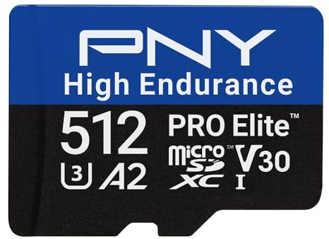 PNY Tarjeta microSDXC 512GB Pro Elite™ High Endurance C10 U3 V30 A2, hasta 100/90 MB/s de Lectura/Escritura, 4K UHD, Full HD, UHS-I, cámara de vigilancia y de Seguridad, Dash CAM