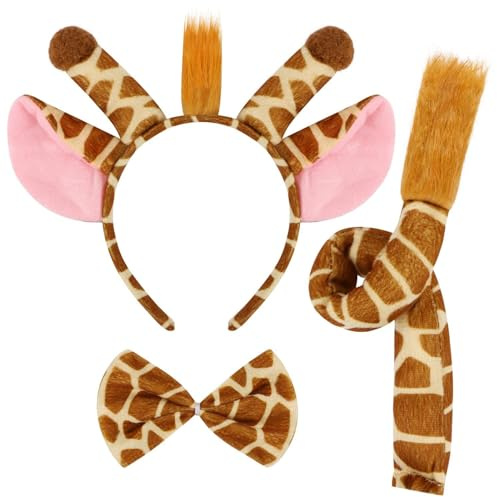 MZinge Furry Animal Costume Set - Zebra/Leopard/Giraffe - Headband, Tail & Bow Tie - Halloween & Party (golden giraffe)