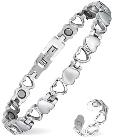 MagEnergy Pulsera magnética para mujer de acero de titanio o 99,99% cobre puro, ajustable, con fuertes imanes de neodimio y circonitas cúbicas, joyas elegantes en varios colores y diseños, 20.5 cm, -