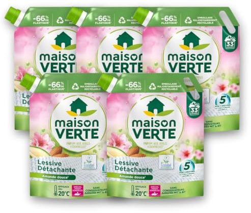 Maison Verte - Lot de 5 Recharges Lessives Liquides - Parfum aux Huiles Essentielles - Lessive Détachante - Amande Douce - Peaux Sensibles - Efficace dès 20°C - 33 Lavages