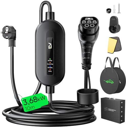 Evjuicion Cavo di ricarica per auto elettrica tipo 2 Schuko 3,68 kW [1 fase, 10 m, 16 A, IP67], caricatore EV con spia di indicazione, caricatore EV per ID.3/4, X1, 5ER, modello Y/3, e altri EV