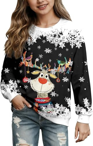 Maglione natalizio da ragazza, con scollo rotondo, stampa 3D, alla moda, divertente, motivo natalizio, a maniche lunghe, per feste, Nero , 9-10 Jahre