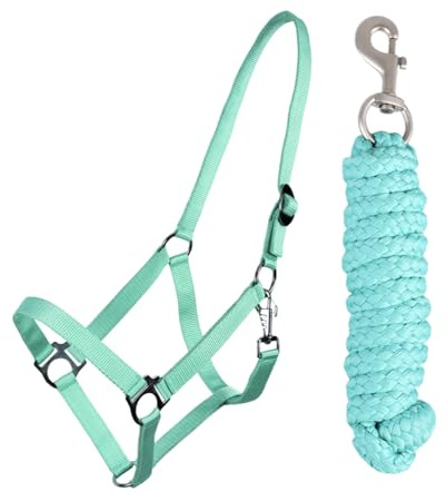 Grimma styre stickset med karbinhakar, justerbar hästhölster, häst, trähäst, bindning, stickad (Aqua, Mini Shetty)
