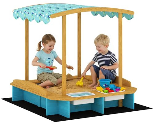 AIYAPLAY Arenero para Niños de Madera con Techo, Arenero Infantil con 3 Bancos, 2 Cajas de PP, Forro, Caja de Arena para Niños de 3-6 Años, para Patio, Jardín, Balcón, 128x118x121 cm, Azul