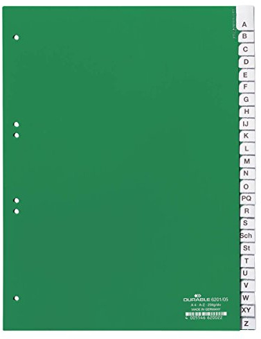 Durable 620105 Index en plastique A - Z, A4 portrait, couverture intégrale, division de 25 pièces, vert