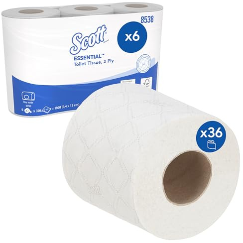 Scott Essential Toilet Paper 8538 – 2-Ply White Standard Rolls, Soft & Strong, FSC Certified – 6 Packs x 6 Rolls, 320 Sheets Each (36 Rolls / 11,520 Sheets Total)