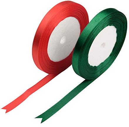 FEPITO Red & Green Satin Ribbon Set - 10mm Christmas Ribbons for Crafts, Gift Wrapping & Floristry (44M/Roll)