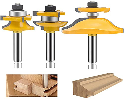 LEATBUY 1/2 Inch Shank Raised Panel Router Bit Set 3 PCS, Round Over Cabinet Door Rail and Stile Router Bits, Woodworking Wood Cutter, Wood Carbide Groove Tongue Milling Tool(1/2-Double R)