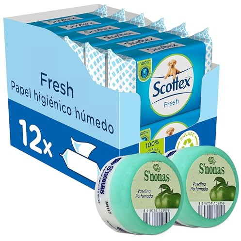 Scottex Papel Higiénico Húmedo Fresh (12 paquetes x 74 servicios) + Vaselina Snonas Manzana (2 unidades)
