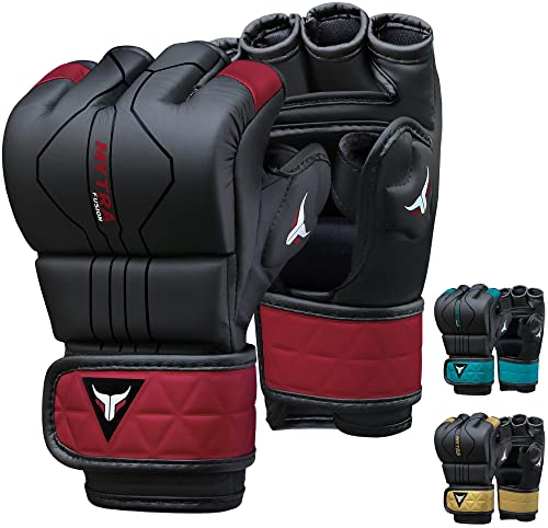Mytra Fusion MMA Handschuhe mit offener belüfteter Handfläche MMA Sparring Handschuhe Kickboxen, Grappling, Training, Cage Fighting Mixed Martial Arts Handschuhe (M, Black/Maroon)