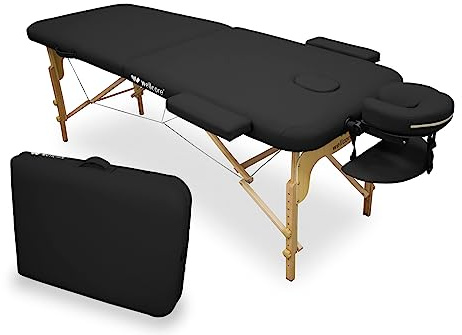 WELLCORE - Lettino da massaggio pieghevole, realizzato in legno, ecopelle, 185 x 65 cm, altezza regolabile, testa rimovibile, due bracci di ingrandimento, foro facciale, colore nero, fino a 225 kg