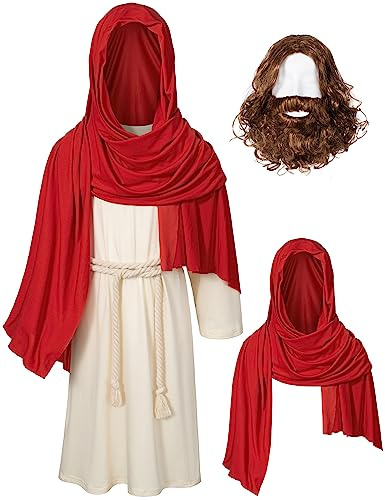 Irtysh Kids Jesus Saint Religious Biblical Robe Fancy Dress Costume Wig Moustache Scarf Shawl Waist Rope set(Red 130)