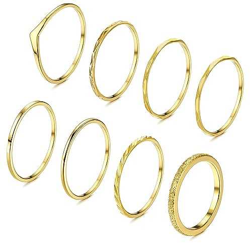 Adramata 8Pcs Bague Femme Acier Inoxydable Plaqué Or 14K Pouce Bague Empilables Bague Mince Minimaliste Knuckle Bagues de Déclaration de Doigt Boho Bague Femme Or