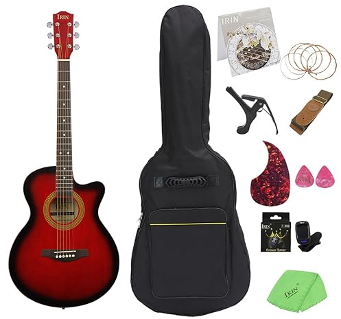40 Zoll Folk Set Gitarre, Basswood Notched Gitarre, Klassische Akustikgitarre, Anfänger Erwachsene Performance Grade Gitarre, 40 Zoll Gitarre, Folk Gitarre, Zupfinstrument, Gitarre Set (Rot)