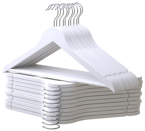 PORTENTUM Perchas de Madera, Set de 20, Blanco - Gancho Giratorio 360º, Muescas para Vestidos y Blusas, Barra Antideslizante para Pantalones, Aptas para Trajes, Camisas, Chaquetas