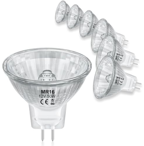 MR16 Halogen Bulb 50W 12V, High Output Halogen Light Bulbs 2 Pin GU5.3 Base with Clear Glass Cover for Landscape Lights, Track Lights, Fiber Optics, Desk Lamps, Dimmable, 2700K Warm White, 6 Pack
