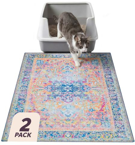 Lovewag Pets Cat Litter Mat 2 Pack - Large 36x48 Machine Washable Easy Clean Non-Slip Waterproof Trapping Mats for Cats - (Marmalade Sunshine)