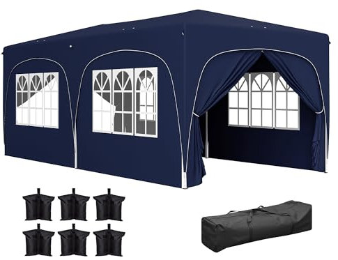 Outsunny Carpa Plegable Gazabo 3x6 m con Paneles Laterales UPF50+ Cenador Pabellón de Jardín con Altura Ajustable y Bolsa de Transporte para Camping Fiestas Patio Terraza Azul Oscuro