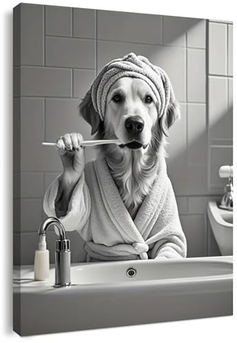 Qiukoo Bathroom Wall Art with Wooden Frame and Hanging Hooks – Funny Dog Brushing Teeth Canvas Print, Moisture-Resistant Bathroom Decor for Dog Lovers, 12 x 16