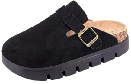 JOMIX Zapatillas Casa Mujer Zuecos Piel con Hebilla Plataforma Pantuflas con Suelas Cómodas