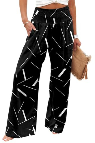 KISSMODA Women Elastic High Waist Trousers Long Palazzo Lounge Pants with Pockets Straight Wide Legged Pants