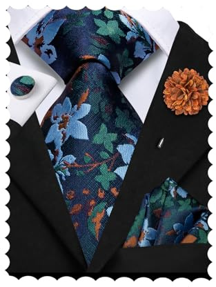 Hi-Tie Blue Green Ties for Men Silk Mens Floral Tie Necktie Pocket Square Cufflinks Flower Lapel Pin Set for Business