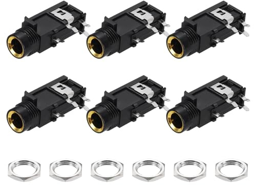 QUARKZMAN 6 st 1/4 tum 6,35 mm stereo ljuduttag, 50 V 4 stift hona gyllene PCB-montering videokontakter stereohörlursuttag med hörlursmuttrar, högtalare, 33 x 17 x 13 mm