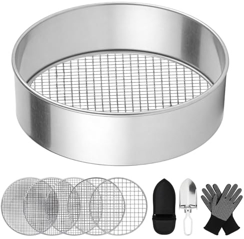 Setaccio da giardino in acciaio inox, 5 in 1, 20 cm, rotondo con 5 inserti intercambiabili Ø 3/6/9/10/12 mm, Siebmeister 5000, in metallo antiruggine per terra, pietre, compost, erbacce, sabbia