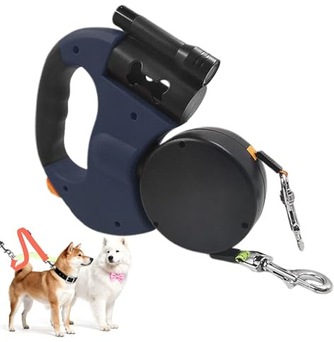 Dubbelkoppel, vattentätt hopfällbart koppel med LED-lampor och 360° rotation, dubbel infällbar hund - för vandring, camping, löpning, utomhus och vandring