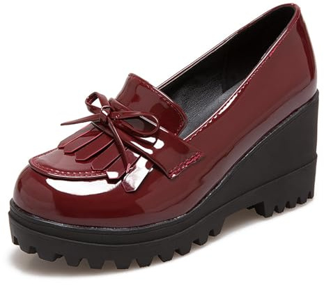 MiaZane Scarpe con Tacco a Cuneo Punta Tonda Nappe Slip On Piattaforma Scarpe Eleganti Retro Mocassini a Cuneo Casual per Uso Quotidiano e Pendolarismo,Rosso,37 EU