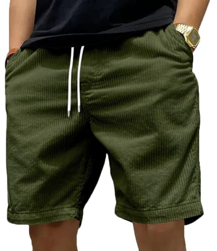 DAIHAN Kortbyxor för män, sommar, shorts, fritid, Corduroy, korta byxor, ledig, elastisk midja, dragsko, stretch, fritidsshorts med fickor, Olivgrön, XL