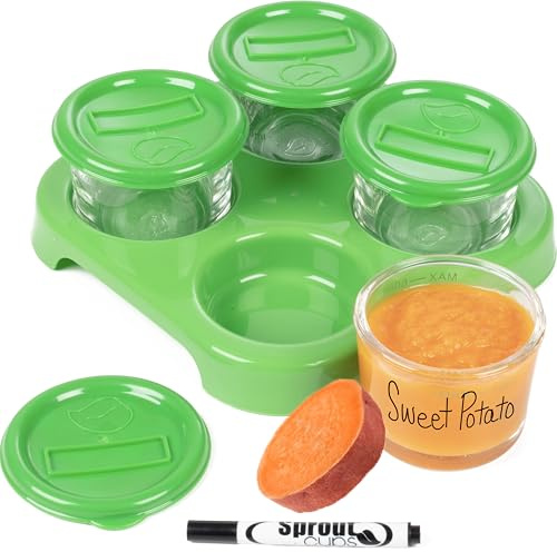 Glass Baby Food Storage Containers (4 Pk) - 2oz Jars in Stackable Storage Tray w Tight Interlocking Base- Dry-Erase Marker Labeling- Microwave Freezer Dishwasher Safe- Babyfood Breast Milk, Gift