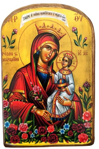Iconsgr Handmade Wooden Greek Christian Orthodox Wood Icon of Virgin Mary The Unwithering Rose / MP2