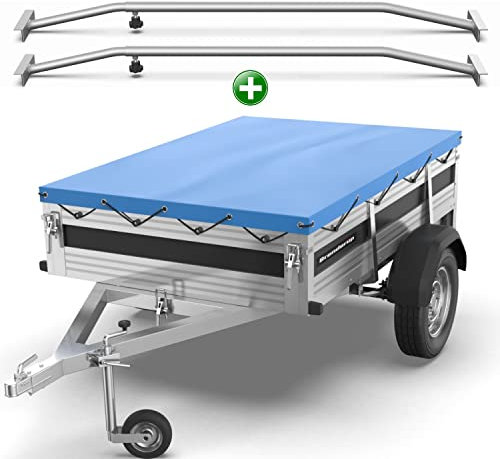 Tarpofix® Bâche pour remorque Plate 209 x 134 x 7,5 cm + 2X Arceau de bâche (réglable 100-145 cm) - Bache remorque PVC - Bâche de Couverture pour diverses remorques de Voitures de 750kg