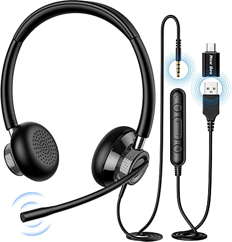 New bee Headset PC Computer Headset mit Mikrofon Business Headsets USB Typ-C 3.5mm für Call Center Office Telefonkonferenzen Skype-Chat Webinar-Präsentationen Online-Kurse