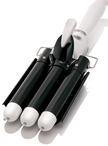 Alure Three Barrel Curling Iron Wand with LCD Temperature Display - 1 Inch Ceramic Tourmaline Triple Barrels, Dual Voltage Crimping Tool, Best Hair Waver for Beachy/Frizz Free Waves (zBlack/White)