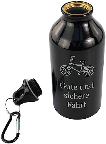 Trinkflasche Aluminium Schwarz mit Gravur und Motiv – leicht, auslaufsicher, griffbereit, perfekt für Aktivitäten, Alltag, mit Schraubdeckel und Karabiner, Geschenk für Männer und Frauen